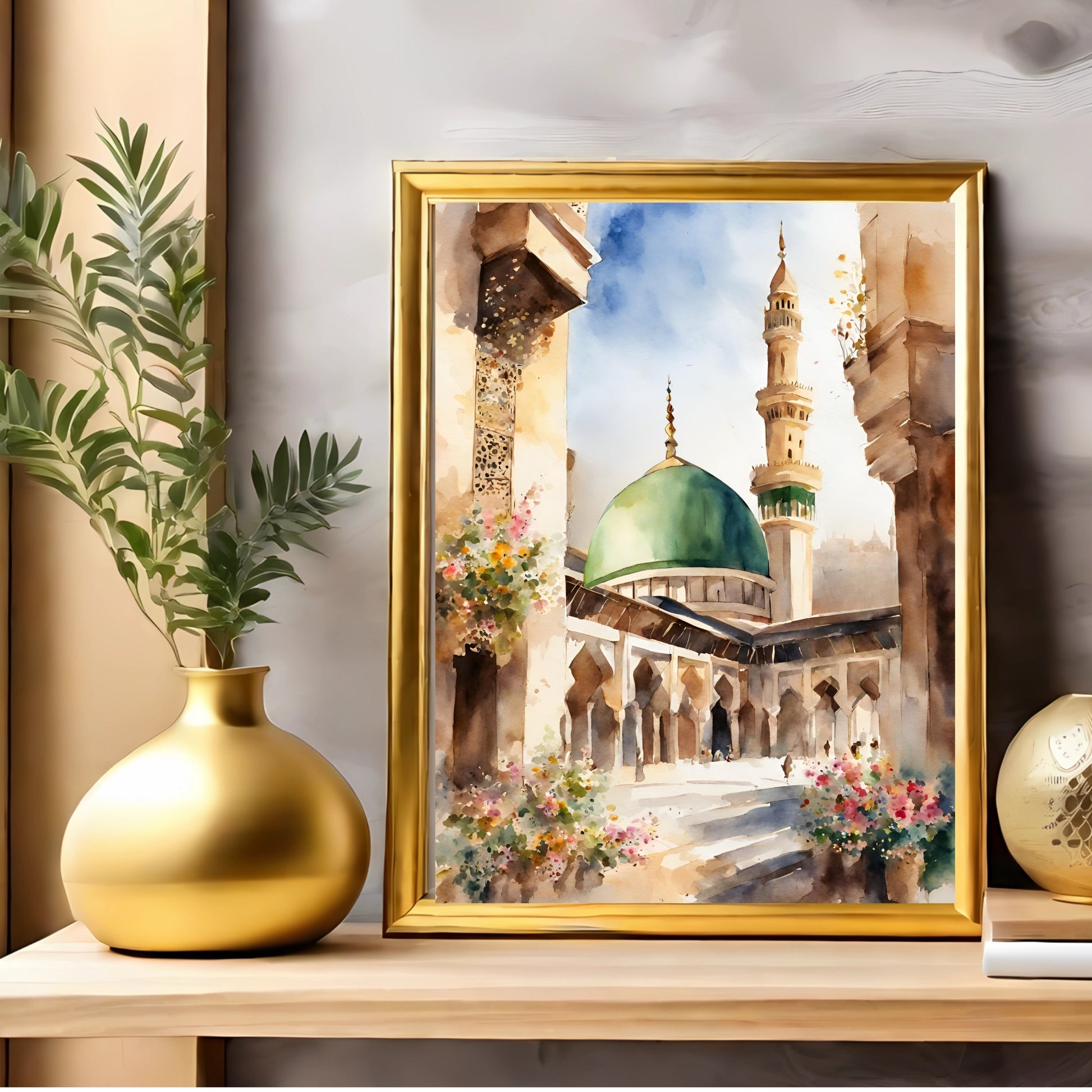 Framed Masjid Nabawi watercolor poster with serene mosque image