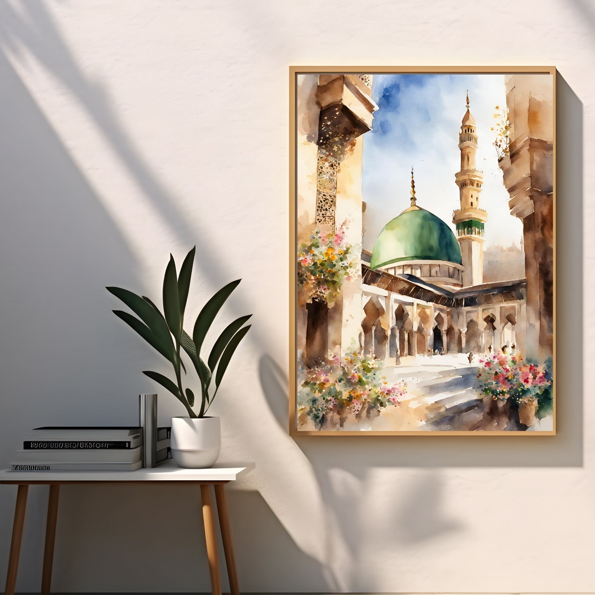 Abstract Islamic wall art featuring Masjid Nabawi in pastel hues