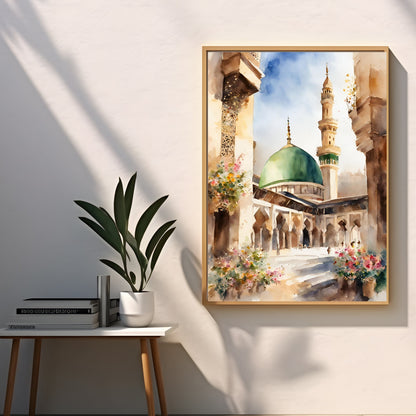Abstract Islamic wall art featuring Masjid Nabawi in pastel hues
