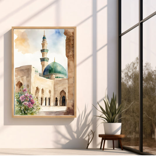 Masjid Nabawi watercolor art on a soft background