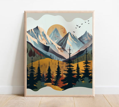 Kids room wall art with mountains and trees