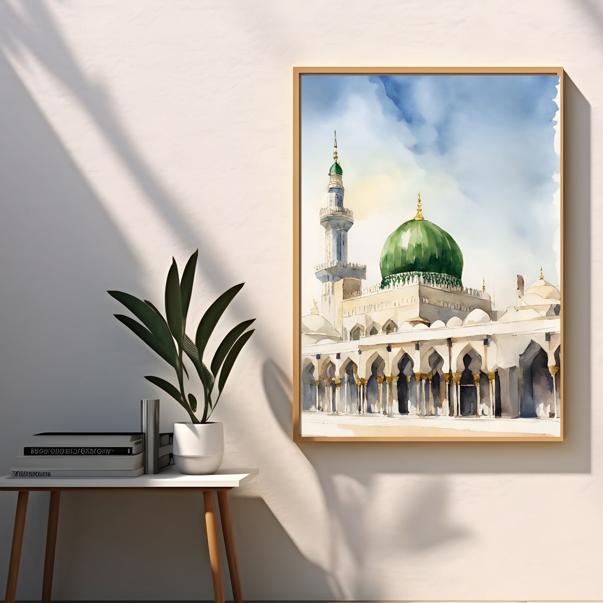 Watercolor Masjid Nabawi art print with blue and gold accents