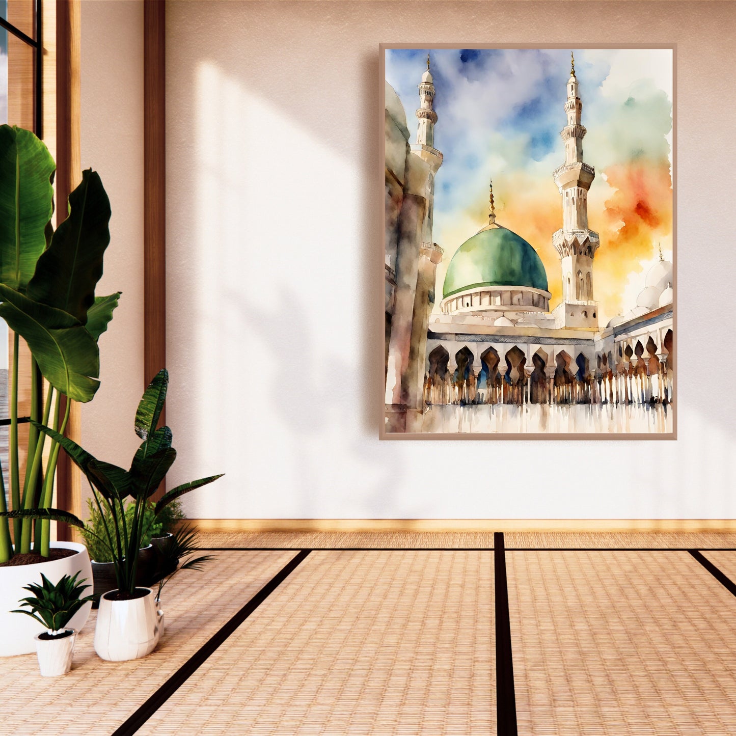 Close-up of mosque dome and minarets in abstract watercolor style