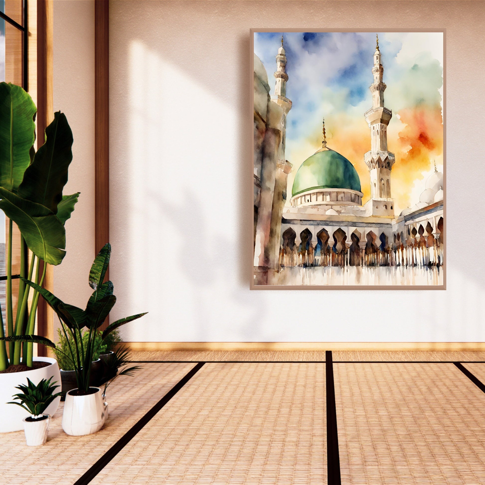 Close-up of mosque dome and minarets in abstract watercolor style