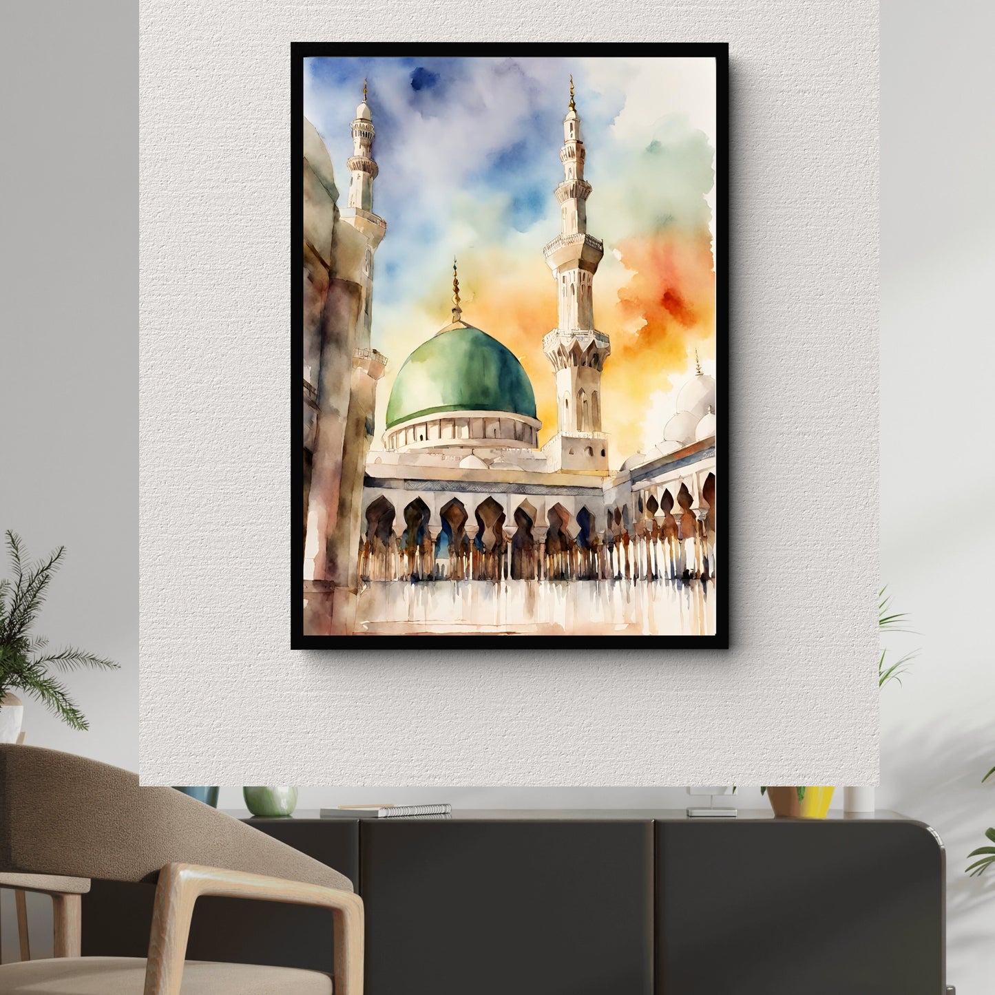 Warm earth tones and teal accents in Masjid Nabawi artwork