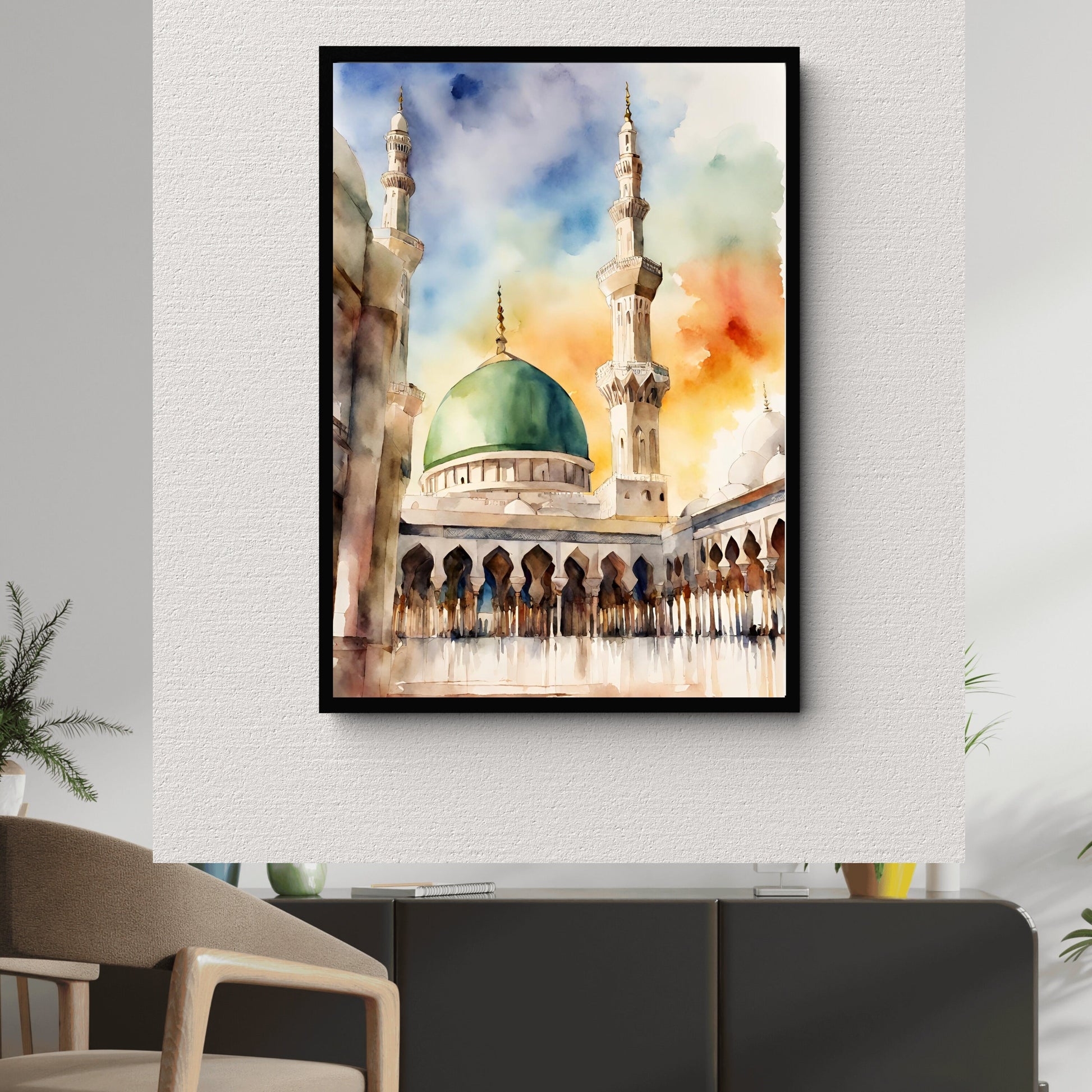 Warm earth tones and teal accents in Masjid Nabawi artwork