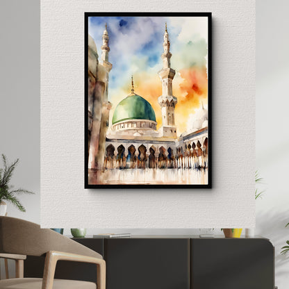 Warm earth tones and teal accents in Masjid Nabawi artwork
