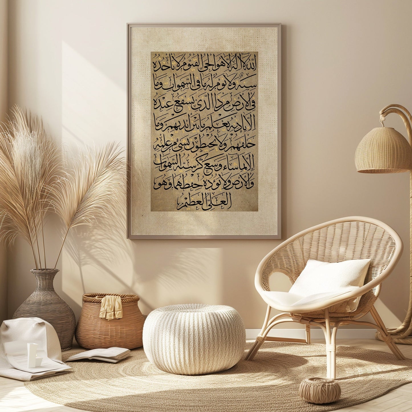 Abstract Islamic collection label beside beige calligraphy wall decor