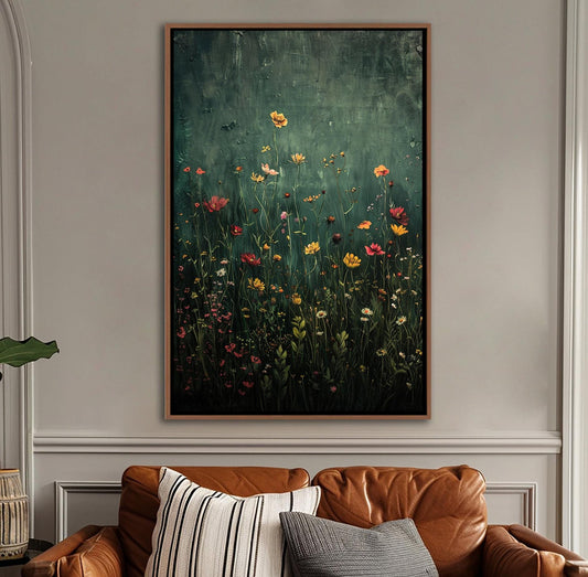 Framed wildflower field wall art with vintage botanical landscape on canvas