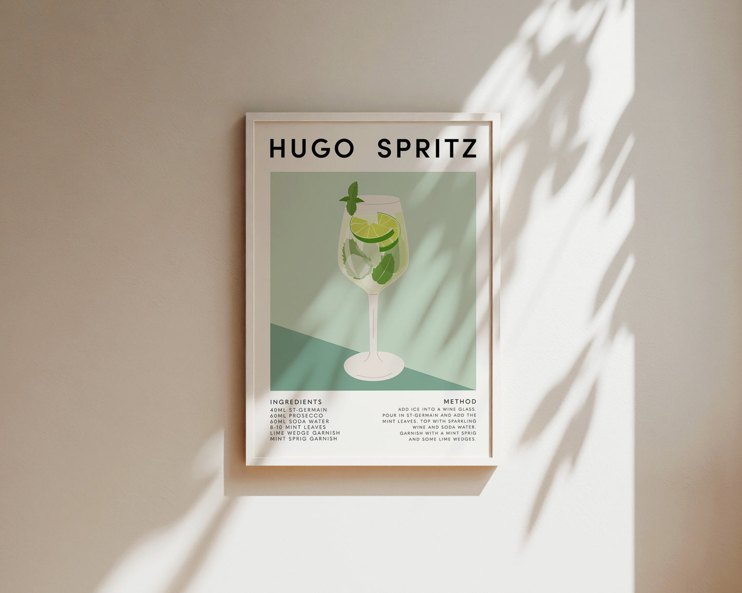 Bright kitchen wall featuring Hugo Spritz art