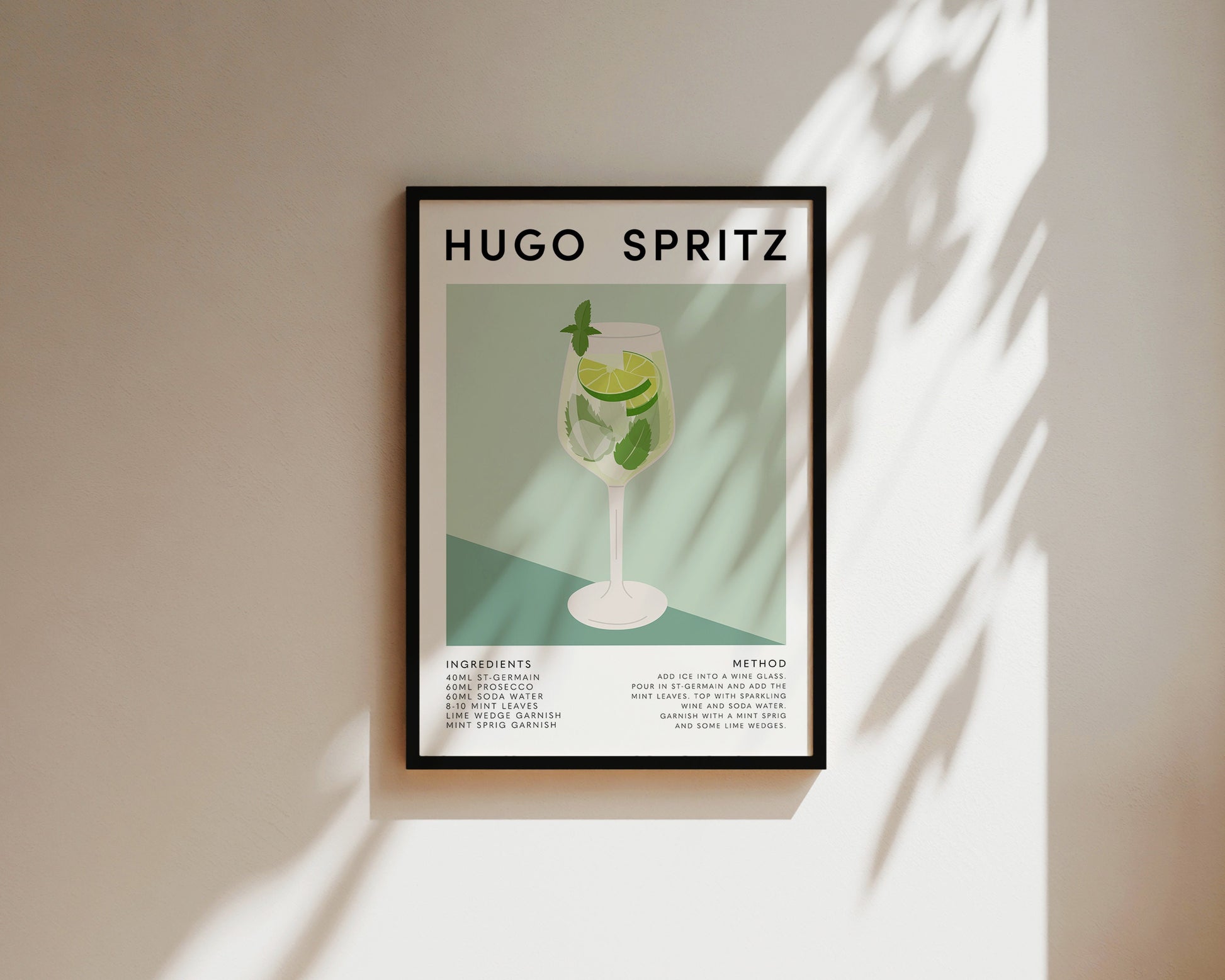 Flat lay of Hugo Spritz print with oranges and herbs