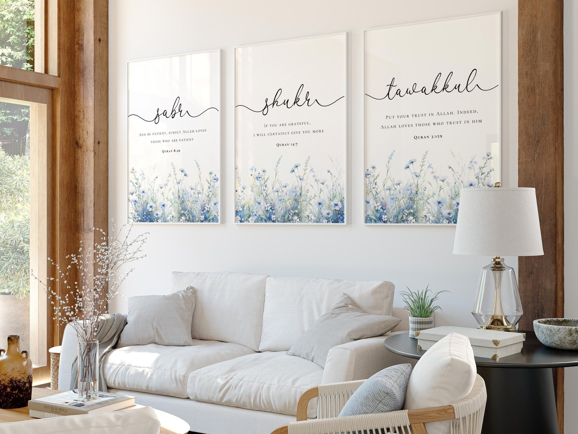 Living room wall display with Quran quotes trio