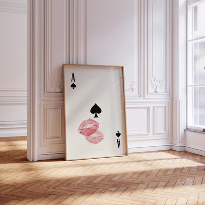 Close-up of Kiss Lips and Ace of Spades on retro background