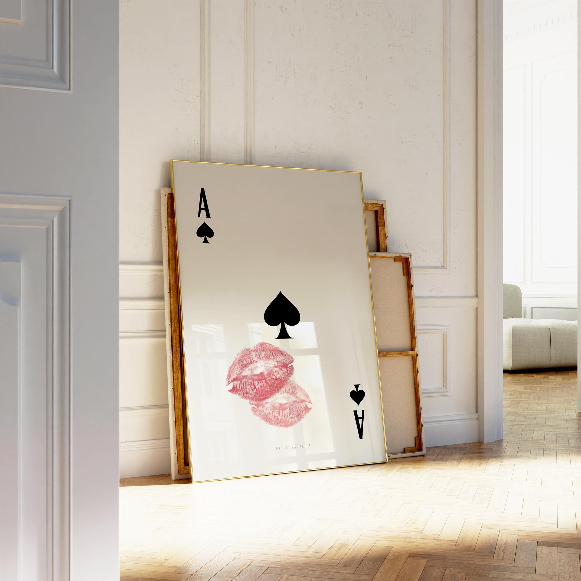 Ace of Spades playing card wall art with bold kiss lips design