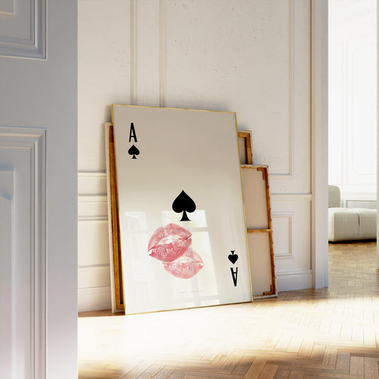 Ace of Spades playing card wall art with bold kiss lips design