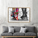 Sneaker kiss graffiti artwork featuring blue, pink and yellow