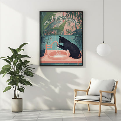 Funny cat lover poster featuring a black cat and botanical leaves for the powder room