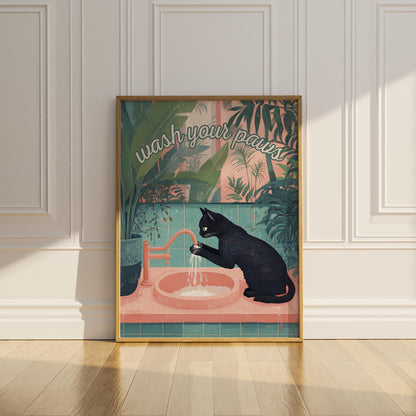Black cat bathroom wall decor with tropical plants and Wash Your Paws sign