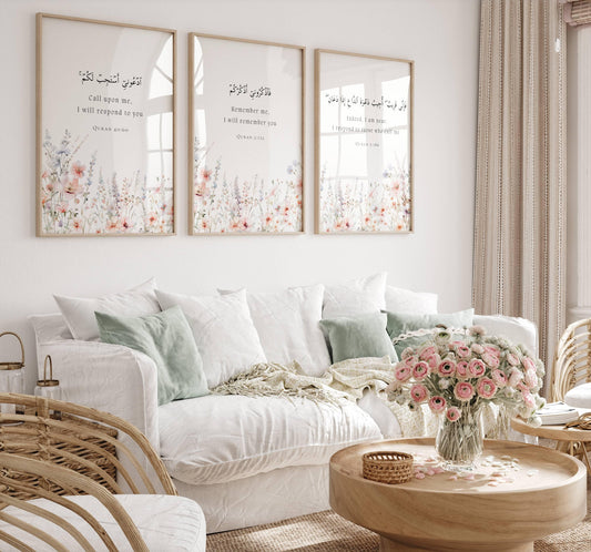Set of three Islamic wall art prints featuring Quran verses