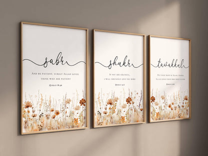 Sabr quote poster featuring floral frame for Islamic wall decor