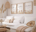 Three-piece Islamic wall art set with Quran quotes Sabr Shukr Tawakkul and floral accents
