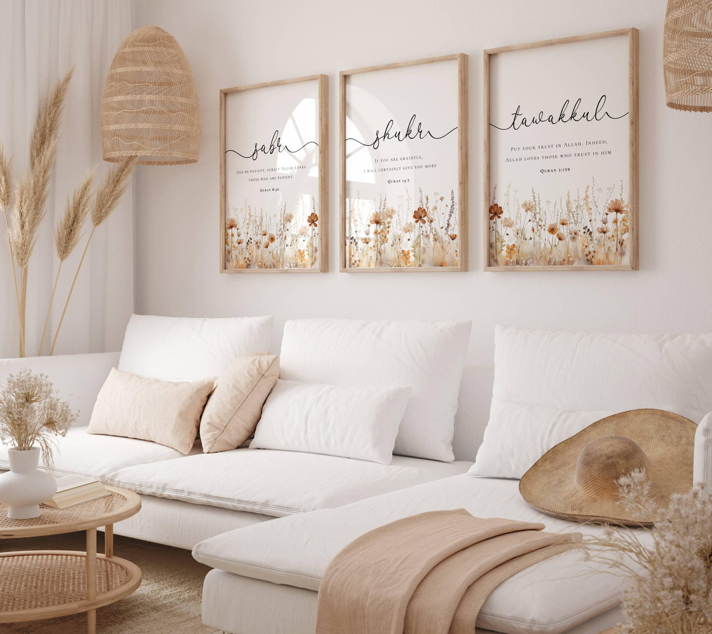 Three-piece Islamic wall art set with Quran quotes Sabr Shukr Tawakkul and floral accents