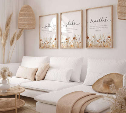 Three-piece Islamic wall art set with Quran quotes Sabr Shukr Tawakkul and floral accents