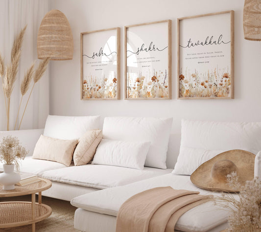 Three-piece Islamic wall art set with Quran quotes Sabr Shukr Tawakkul and floral accents