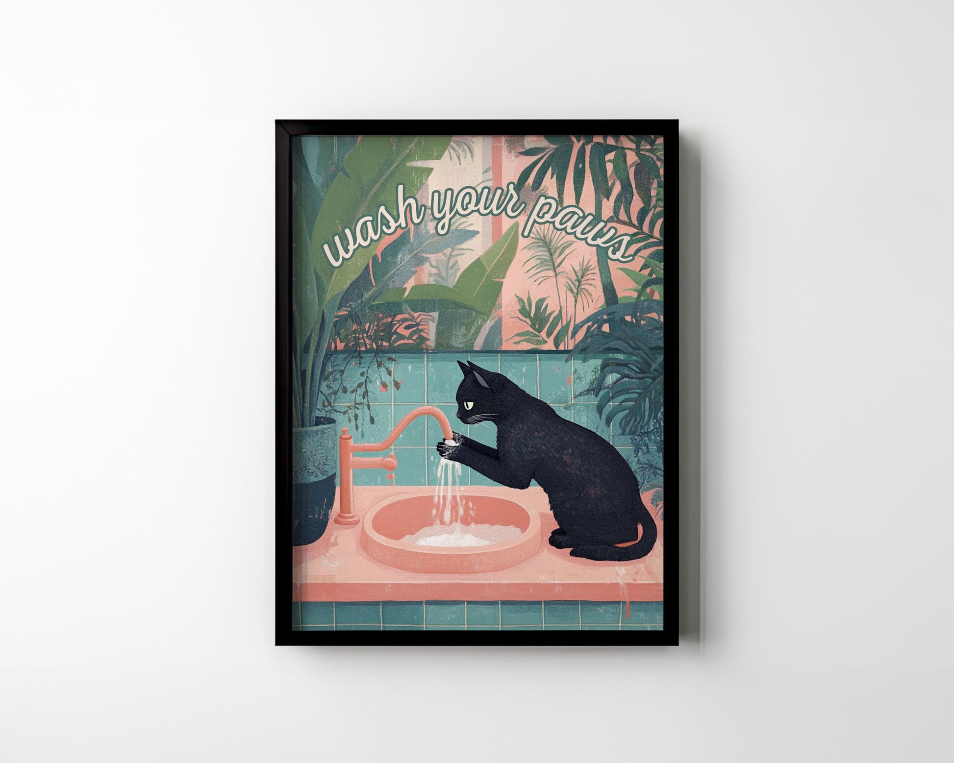 Toilet sign style wall art with playful cat and lush greenery