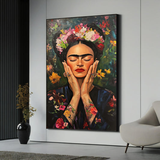 Frida Kahlo-inspired floral portrait on canvas - full view