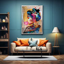 Colorful graffiti-style Geisha artwork on contemporary wall canvas