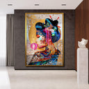 Geisha-inspired pop art with graffiti elements on a studio canvas