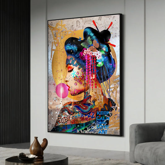 Geisha-inspired pop art on graffiti-inspired canvas painting