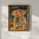 Western landscape and UFO motif in bold retro colors for wall decor