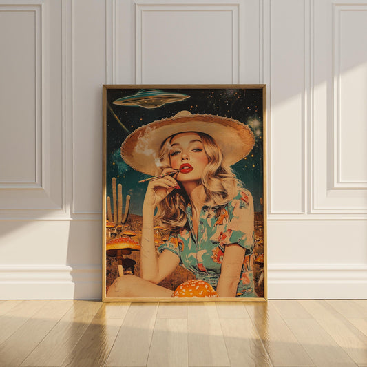 Psychedelic vintage collage wall art featuring a cowgirl with mushrooms and cactus elements