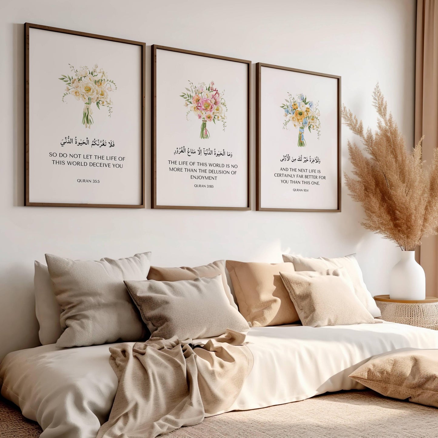 Modern Islamic wall art with Arabic text and botanical accents