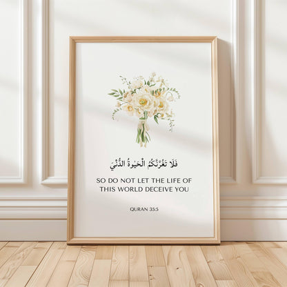 Three-panel Quran quotes wall art displayed in living room