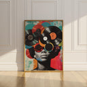 Colorful vinyl record wall art collage on a white wall