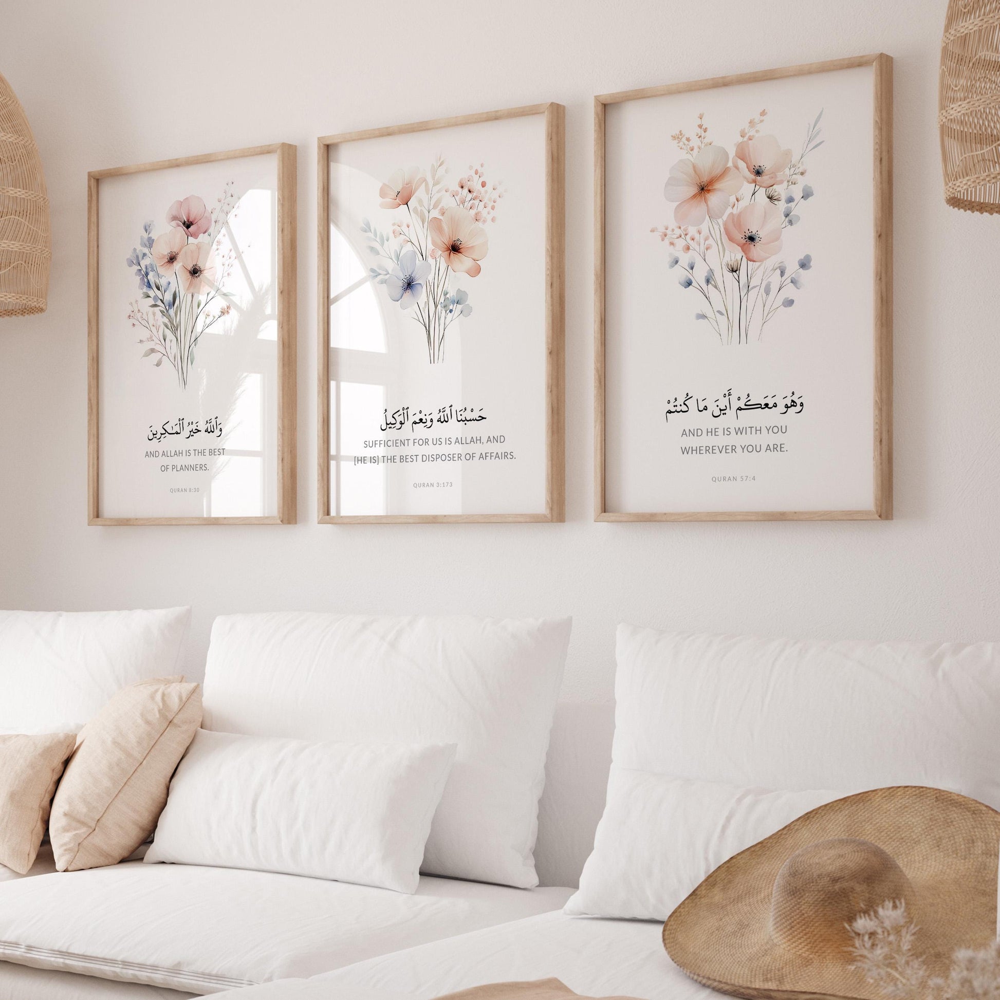 Triptych Islamic wall art panel 1 with Quran verse and floral motif