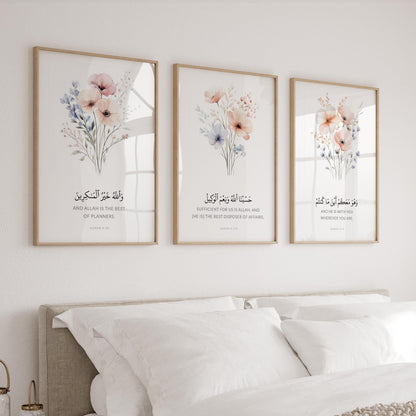 Triptych panel 2 of Islamic wall art featuring floral accents and script
