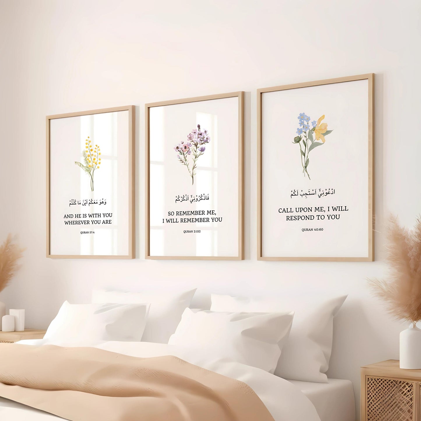 Three-piece Quran quotes wall art set with floral Islamic design
