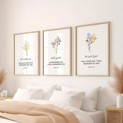 Three-piece Quran quotes wall art set with floral Islamic design