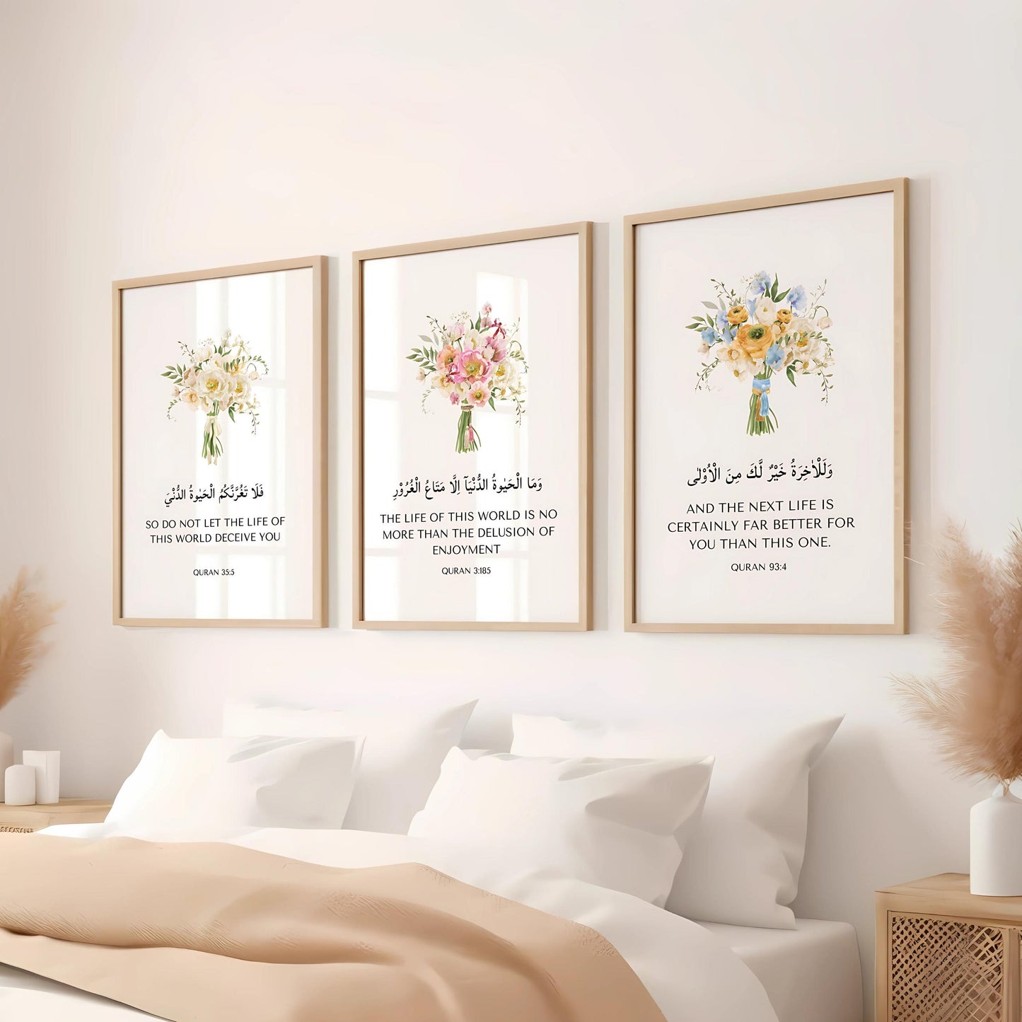 Quran verses triptych wall art with Arabic calligraphy and floral motif
