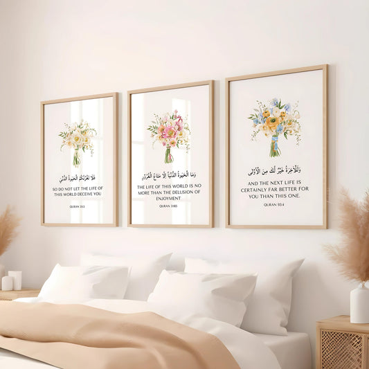 Quran verses triptych wall art with Arabic calligraphy and floral motif