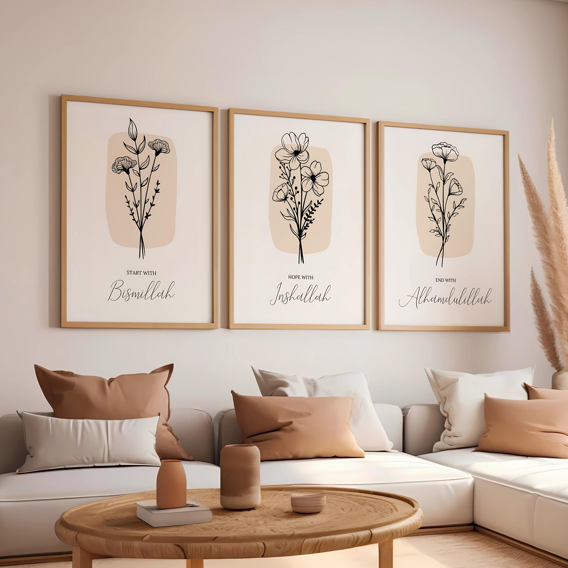 Bismillah Inshallah Alhamdulillah Islamic calligraphy triptych with floral design