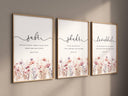 Set of three Islamic wall art prints featuring Quran quotes Sabr, Shukr, and Tawakkul with floral accents