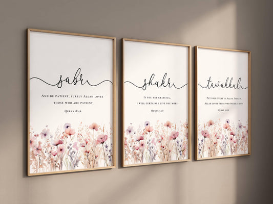 Set of three Islamic wall art prints featuring Quran quotes Sabr, Shukr, and Tawakkul with floral accents