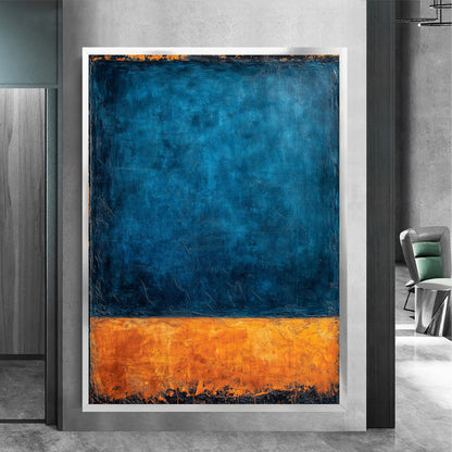 Close-up detail of blue and orange color fields on canvas