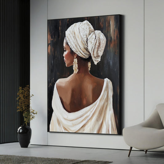 Framed canvas painting of an elegant woman, close-up portrait