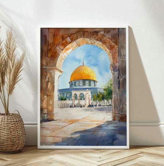 Watercolor Dome of the Rock archway poster against light background